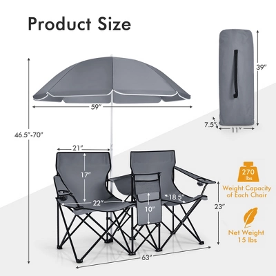 Portable Folding Picnic Double Chair W/Umbrella Table Cooler Beach Camping TurquoiseBlackRedGray 5 Portable Folding Picnic Double Chair W/Umbrella Table Cooler Beach Camping TurquoiseBlackRedGray - Image 3