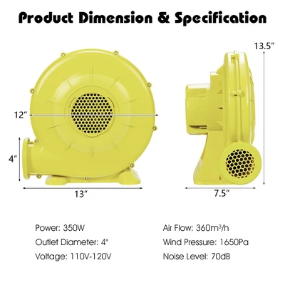 Costway Air Blower Pump Fan 350 Watt 0.5 HP For Inflatable Bounce House Bouncy Castle 4 Costway Air Blower Pump Fan 350 Watt 0.5 HP For Inflatable Bounce House Bouncy Castle - Image 2