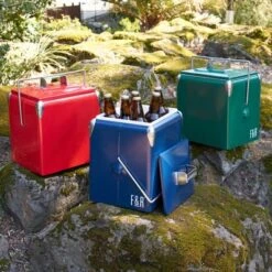 Foster & Rye Red Stainless Steel Cooler, Plastic Lined, Vintage Style Beer And Wine Cooler, Portable Beverage Chiller And Ice Chest, Set Of 1