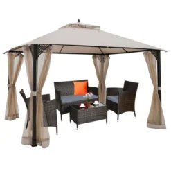 Costway 12' X 10' Outdoor Patio Gazebo Canopy Shelter Double Top Sidewalls Netting Brown Beige -OUTSUNNY Shop GUEST 1ce1da82 7b18 4275 a327 8bb778bd31df