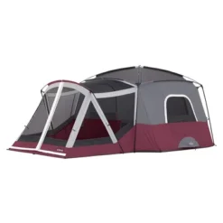 CORE 40072 Spacious 11 Person Family Outdoor Camping Cabin Tent With Screen Room, Rain Fly, Ground Stakes, And Carrying Bag - Red