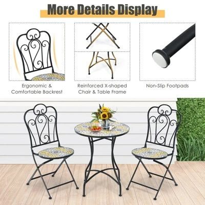 Tangkula 2PCS Outdoor Mosaic Folding Bistro Chairs Patio Chairs With Ceramic Tiles Seat And Exquisite Floral Pattern Yellow Seat 5 Tangkula 2PCS Outdoor Mosaic Folding Bistro Chairs Patio Chairs With Ceramic Tiles Seat And Exquisite Floral Pattern Yellow Seat - Image 3
