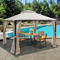 Costway 12' X 10' Outdoor Patio Gazebo Canopy Shelter Double Top Sidewalls Netting Brown Beige -OUTSUNNY Shop GUEST 46c3a3e5 4ddd 40e2 8dbd b1983dd8b8d3