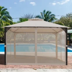 Costway 12' X 10' Outdoor Patio Gazebo Canopy Shelter Double Top Sidewalls Netting Brown Beige -OUTSUNNY Shop GUEST 4d038f21 cb8f 4957 96a2 d08d7ba83890