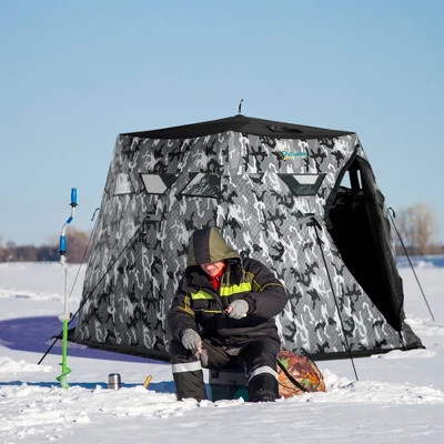 Outsunny 4 Person Insulated Ice Fishing Shelter 360-Degree View, Pop-Up Portable Ice Fishing Tent With Carry Bag, Two Doors And Anchors, Camouflage 4 Outsunny 4 Person Insulated Ice Fishing Shelter 360-Degree View, Pop-Up Portable Ice Fishing Tent With Carry Bag, Two Doors And Anchors, Camouflage - Image 2
