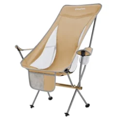 KingCamp Lightweight Padded Highback Folding Lounge Chair With Cupholder, Side Storage Pocket, And Carry Bag For Indoor Or Outdoors, Khaki