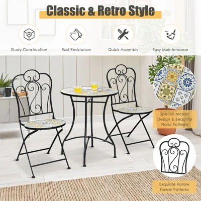 Tangkula 2PCS Outdoor Mosaic Folding Bistro Chairs Patio Chairs With Ceramic Tiles Seat And Exquisite Floral Pattern Yellow Seat 3 Tangkula 2PCS Outdoor Mosaic Folding Bistro Chairs Patio Chairs With Ceramic Tiles Seat And Exquisite Floral Pattern Yellow Seat
