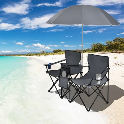 Portable Folding Picnic Double Chair W/Umbrella Table Cooler Beach Camping TurquoiseBlackRedGray 4 Portable Folding Picnic Double Chair W/Umbrella Table Cooler Beach Camping TurquoiseBlackRedGray - Image 2