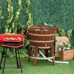 Outsunny 13 Gallons Retro Style Wooden Cooler Ice Bucket With Support Frame, Foldable Flip Cover, And Drain Faucet