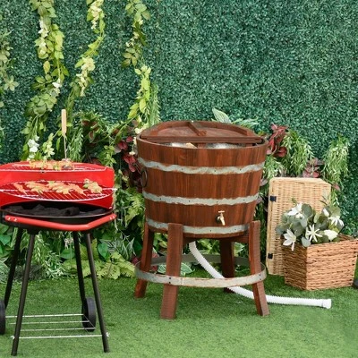 Outsunny 13 Gallons Retro Style Wooden Cooler Ice Bucket With Support Frame, Foldable Flip Cover, And Drain Faucet 3 Outsunny 13 Gallons Retro Style Wooden Cooler Ice Bucket With Support Frame, Foldable Flip Cover, And Drain Faucet