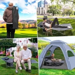 Zone Tech Folding Outdoor Travel Cot - Lightweight Portable Heavy Duty Adult And Kids With Large Pocket