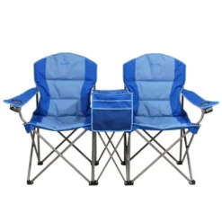 Kamp-Rite Portable 2 Person Double Folding Collapsible Padded Outdoor Lawn Beach Chair With Cooler For Camping Gear, Tailgating, & Sports, 2-Tone Blue
