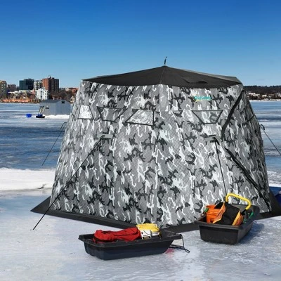 Outsunny 4 Person Insulated Ice Fishing Shelter 360-Degree View, Pop-Up Portable Ice Fishing Tent With Carry Bag, Two Doors And Anchors, Camouflage 3 Outsunny 4 Person Insulated Ice Fishing Shelter 360-Degree View, Pop-Up Portable Ice Fishing Tent With Carry Bag, Two Doors And Anchors, Camouflage