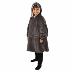 THE COMFY Original Jr Kids Oversized Microfiber Sherpa Wearable Blanket W/Plush Hood, Large Pocket, & Ribbed Sleeve Cuffs, 1 Size Fits All, Charcoal